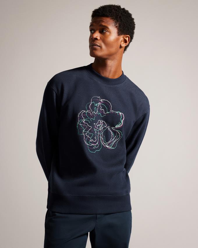 Sweatshirt Ted Baker Long Sleeve Embroidered Flower Bleu Marine Homme | UBW-44201547